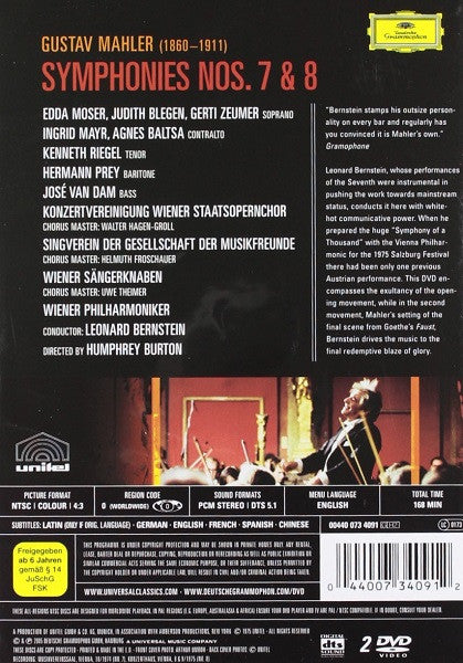 Gustav Mahler, Leonard Bernstein, Edda Moser, Judith Blegen, Gerti Zeumer, Ingrid Mayr, Agnes Baltsa, Kenneth Riegel, Hermann Prey, José van Dam, Die Wiener Sängerknaben, Wiener Singverein, Konzertvereinigung Wiener Staatsopernchor, Wiener Philharmoniker : Symphonies Nos. 7 & 8 (2xDVD-V, Comp, Copy Prot., Multichannel, NTSC)
