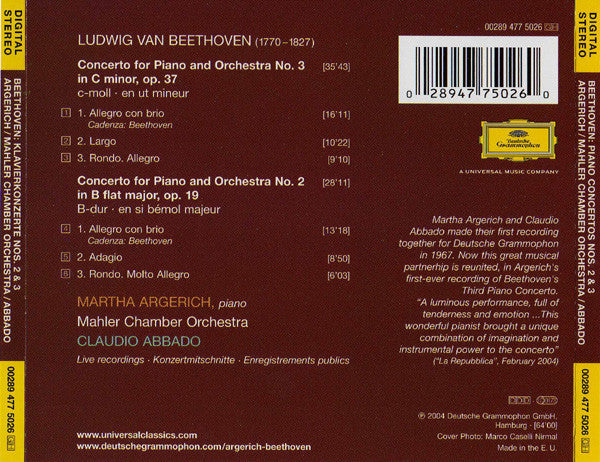 Beethoven* - Martha Argerich, Mahler Chamber Orchestra, Claudio Abbado : Piano Concertos Nos. 2 & 3 (CD, Album)