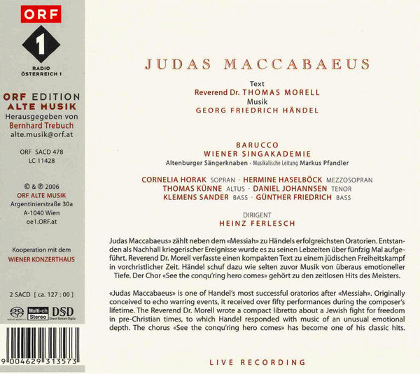 Georg Friedrich Händel, Wiener Singakademie · Barucco, Cornelia Horak · Hermine Haselböck, Thomas Künne · Daniel Johannsen · Klemens Sander, Heinz Ferlesch : Judas Maccabaeus (2xCD)
