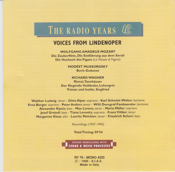 Various, Wolfgang Amadeus Mozart, Modest Mussorgsky, Richard Wagner : Voices From Lindenoper On Radio (1927 - 1945) (CD, Comp, Mono)