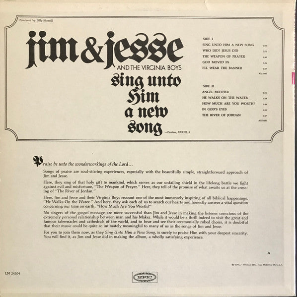 Jim & Jesse And The Virginia Boys : Sing Unto Him A New Song (LP, Album, Mono)