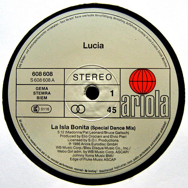 Lucia : La Isla Bonita (Special Dance Mix) (12", Maxi)