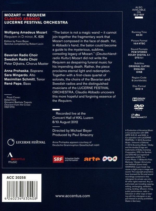 Mozart*, Claudio Abbado, Lucerne Festival Orchestra, Anna Prohaska, Sara Mingardo, Maximilian Schmitt, René Pape, Bavarian Radio Choir*, Swedish Radio Choir* : Mozart: Requiem (DVD-V, NTSC)