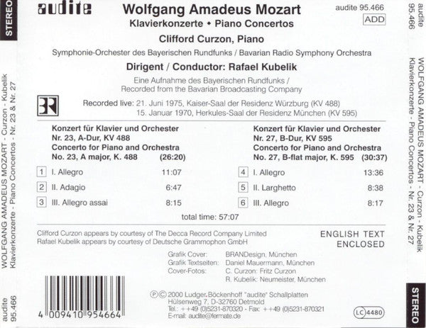 Wolfgang Amadeus Mozart, Clifford Curzon, Rafael Kubelik, Symphonie-Orchester Des Bayerischen Rundfunks : Piano Concertos A Major KV 488 & B♭ Major KV 595 (CD)