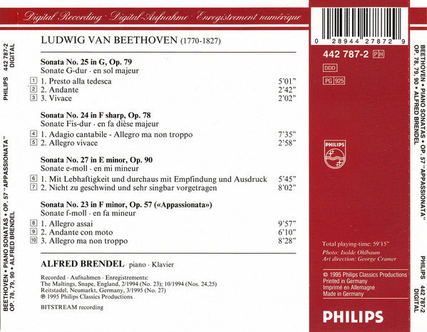 Beethoven*, Alfred Brendel : Piano Sonatas = Klaviersonaten Op. 57 «Appassionata», Op. 78, 79 And 90 (CD)