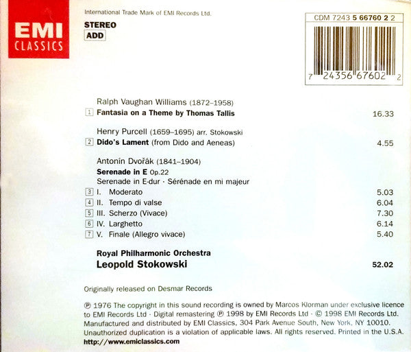Leopold Stokowski, Royal Philharmonic Orchestra, Ralph Vaughan Williams, Antonín Dvořák, Henry Purcell : Leopold Stokowski, Vaughn Williams, Dvořák, Purcell, Royal Philharmonic Orchestra (CD)