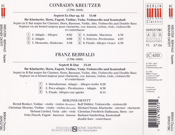 Konradin Kreutzer, Franz Berwald, Berliner Oktett : Septett Es-Dur Op. 62 / Septett B-Dur (CD, Album, RE, RM)