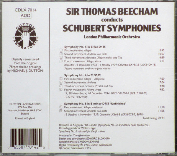 Franz Schubert / Sir Thomas Beecham, London Philharmonic Orchestra : Beecham Conducts Schubert Symphonies: No. 5 In B Flat, No. 6 In C, No. 8 In B Minor 'Unfinished' (CD, Comp, Mono)