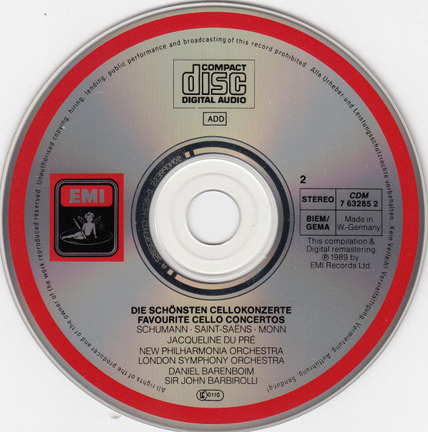 Jacqueline Du Pré | Boccherini* · Dvořák* · Elgar* · Haydn* · Monn* · Saint-Saëns* · Schumann* : Die Schönsten Cellokonzerte = Favourite Cello Concertos = Les Plus Célèbres Concertos Pour Violoncelle (3xCD, Comp, RM, Son)