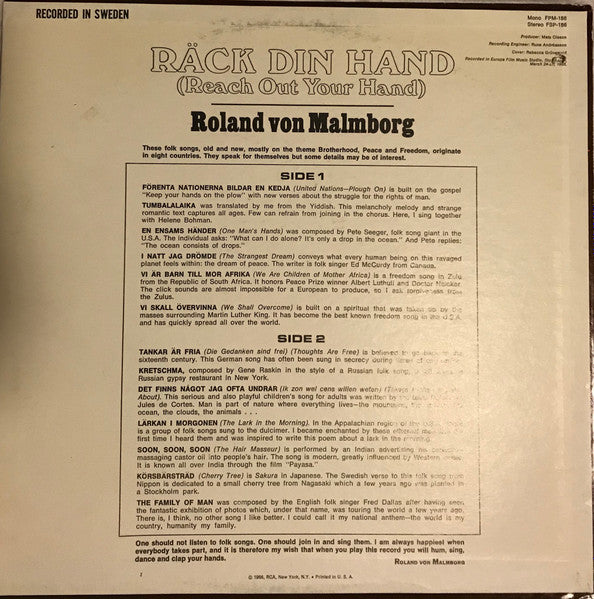 Roland Von Malmborg : Räck Din Hand (Reach Out Your Hand) (LP, Album, Mono, RP)