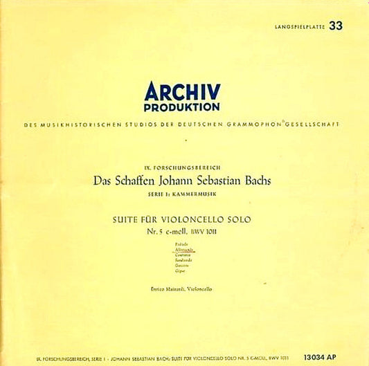 Johann Sebastian Bach - Enrico Mainardi : Suite Für Violoncello Solo Nr. 5 C-moll, BWV 1011 (10", Mono, RE)