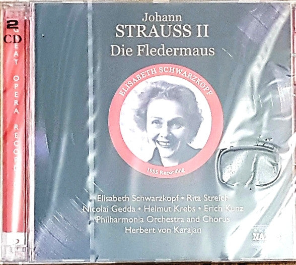 Johann Strauss Jr. • Elisabeth Schwarzkopf • Rita Streich • Nicolai Gedda • Helmut Krebs • Erich Kunz • Philharmonia Orchestra • Philharmonia Chorus • Herbert von Karajan : Die Fledermaus (2xCD, Album, RE)