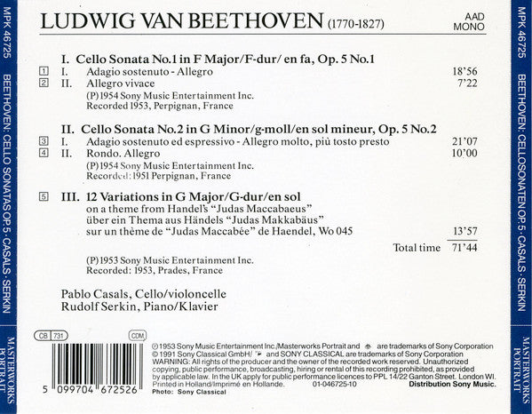 Pablo Casals, Rudolf Serkin, Beethoven* : Cello Sonatas Op. 5, No. 1 & 2 / 12 Variations On A Theme From Handel "Judas Maccabeus" (CD, Comp, Mono, RM)