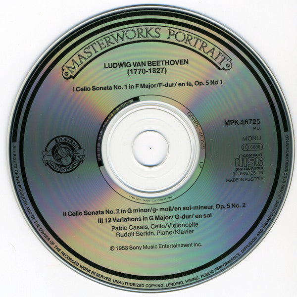Pablo Casals, Rudolf Serkin, Beethoven* : Cello Sonatas Op. 5, No. 1 & 2 / 12 Variations On A Theme From Handel "Judas Maccabeus" (CD, Comp, Mono, RM)
