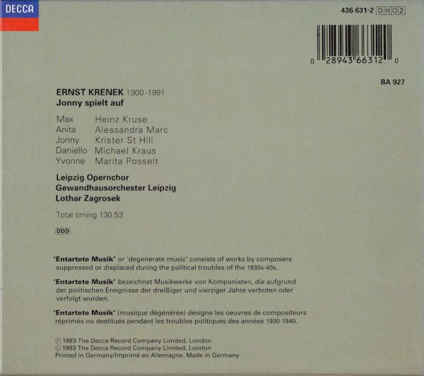 Ernst Krenek - Heinz Kruse, Alessandra Marc, Krister St Hill, Michael Kraus, Marita Posselt, Leipzig Opernchor, Gewandhausorchester Leipzig, Lothar Zagrosek : Jonny Spielt Auf (2xCD + Box, Album)