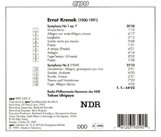 Ernst Krenek - Radio-Philharmonie Hannover Des NDR, Takao Ukigaya : Symphonies 1 & 5 (CD, Album)