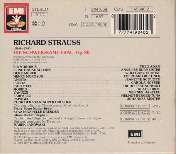 Richard Strauss - Jeanette Scovotti, Theo Adam, Annelies Burmeister, Trudeliese Schmidt, Staatskapelle Dresden, Chor der Staatsoper Dresden, Marek Janowski : Die Schweigsame Frau (3xCD, Album, RE, RM + Box, Sli)