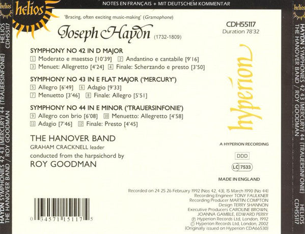 Joseph Haydn - Hanover Band, Roy Goodman : Symphony No 42 In D / No 43 In E Flat 'Mercury' / No 44 In E Minor 'Trauersinfonie' (CD, Album, RE)