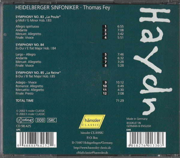 Joseph Haydn - Heidelberger Sinfoniker, Thomas Fey : Symphonies No. 83 La Poule/ No. 84 / No. 85 La Reine (CD, Album)