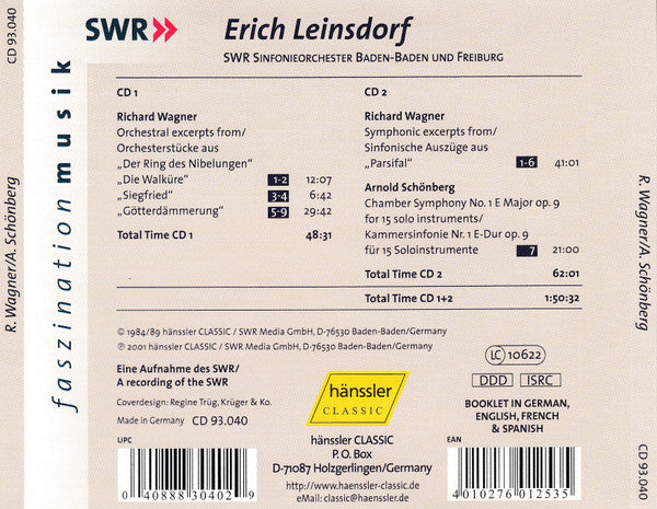 Erich Leinsdorf, Richard Wagner, Arnold Schoenberg, SWR Sinfonieorchester Baden-Baden Und Freiburg : Richard Wagner, Orchestral Excerpts From "Der Ring Der Nibelungen", "Parsifal" / Arnold Schönberg, Chamber Symphony No. 1 (2xCD)
