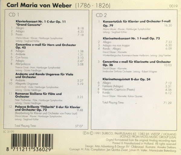 Carl Maria von Weber : Klavierkonzert Nr. Op. 11 - Concertino E-Moll - Andante Und Rondo Ungarese - Konzertstück F-Moll Op. 79 - Klarinettenkonzert Nr. 1 F-Moll Op. 73 - Concertino Op. 26 - Klarinettenquintett B-Dur Op. 34 (2xCD, Comp, RM)