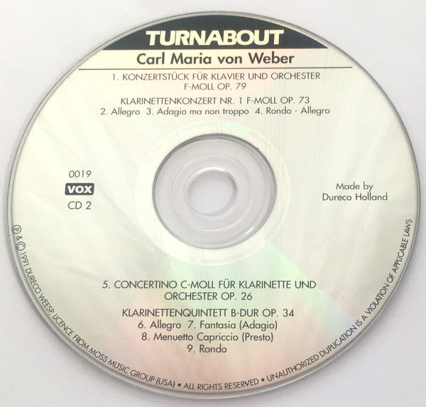 Carl Maria von Weber : Klavierkonzert Nr. Op. 11 - Concertino E-Moll - Andante Und Rondo Ungarese - Konzertstück F-Moll Op. 79 - Klarinettenkonzert Nr. 1 F-Moll Op. 73 - Concertino Op. 26 - Klarinettenquintett B-Dur Op. 34 (2xCD, Comp, RM)