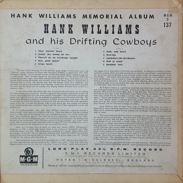 Hank Williams And His Drifting Cowboys* : Hank Williams Memorial Album (10", Album, Mono)