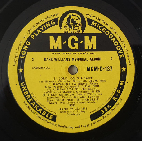 Hank Williams And His Drifting Cowboys* : Hank Williams Memorial Album (10", Album, Mono)