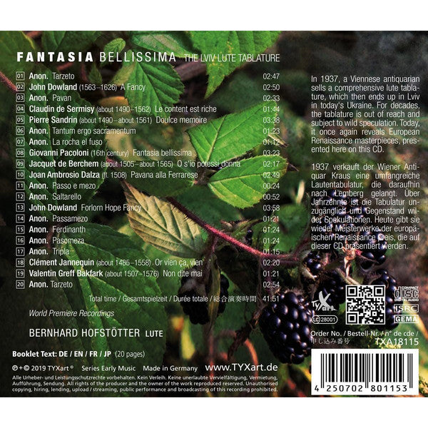 Bernhard Hofstötter : Fantasia Bellissima The Lviv Lute Tablature (CD, Album)