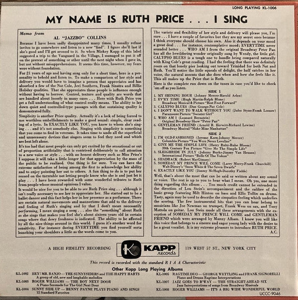 Ruth Price : My Name Is Ruth Price...I Sing! (CD, Album, Ltd, RE, RM, Pap)
