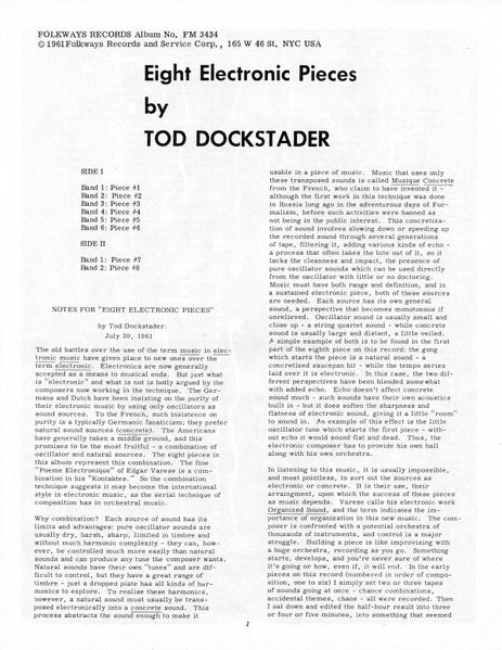 Tod Dockstader : Eight Electronic Pieces (LP, Album, RE)
