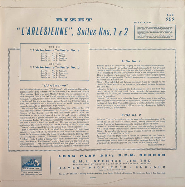 Bizet*, Sir Thomas Beecham, Bart.*, Royal Philharmonic Orchestra : "L'Arlesienne" Suites 1 & 2 (LP)