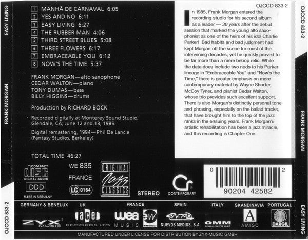 Frank Morgan With Cedar Walton Trio : Easy Living (CD, Album, RM)