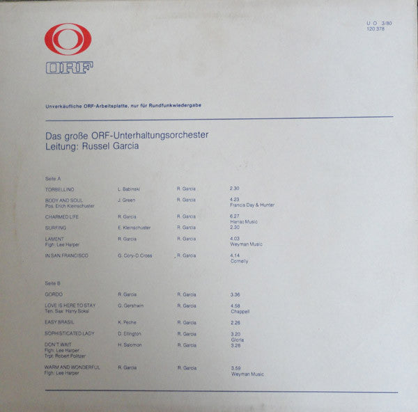 Das Große ORF Unterhaltungsorchester ; Leitung Russell Garcia : ORF Arbeitsplatte U O 3/80 (LP, Transcription)