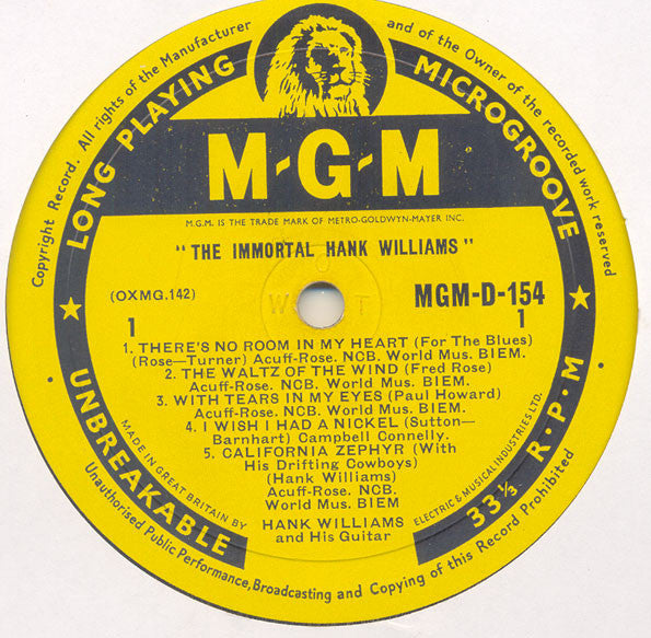 Hank Williams : The Immortal Hank Williams (10", Comp)