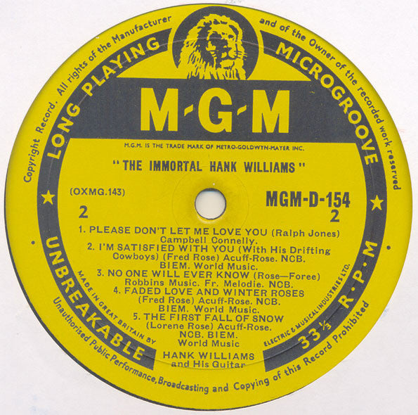 Hank Williams : The Immortal Hank Williams (10", Comp)