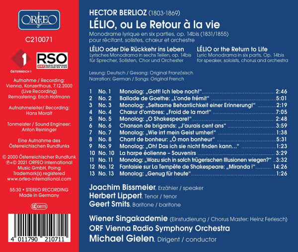 Hector Berlioz, Joachim Bissmeier*, Herbert Lippert, Geert Smits, Wiener Singakademie, ORF Vienna Radio Symphony Orchestra*, Michael Gielen : Lélio (CD, Album, RM)