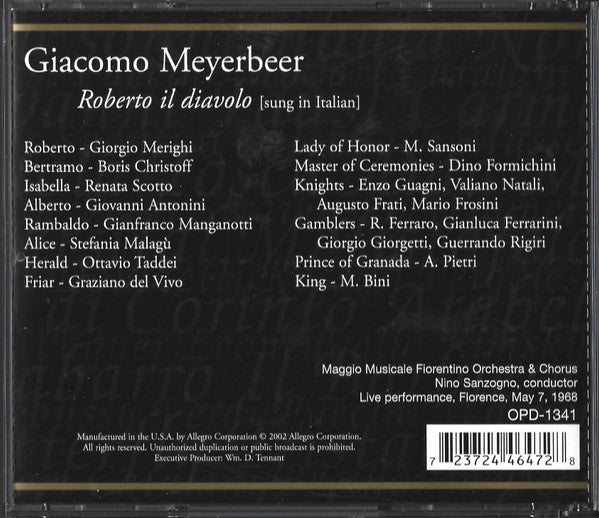 Meyerbeer*, Giorgio Merighi, Boris Christoff, Renata Scotto, Nino Sanzogno : Roberto Il Diavolo (3xCD, RE)