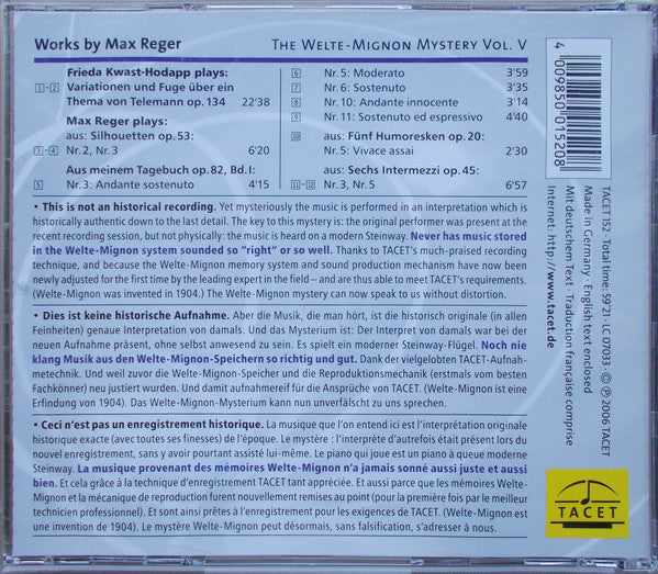 Max Reger And Frieda Kwast-Hodapp : Today Playing Their 1905 / 1920 Interpretations / Selected Works By Reger (CD, Album)
