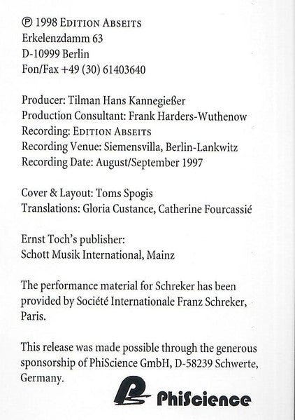 Franz Schreker, Ernst Toch, Kammersymphonie Berlin, Jürgen Bruns : Der Geburtstag Der Infantin / Tanzsuite (CD)