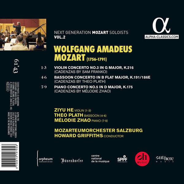 Mozart*, Ziyu He, Theo Plath, Mélodie Zhao, Mozarteumorchester Salzburg*, Howard Griffiths : Violin Concerto No. 3 Kv 216, Bassoon Concerto Kv 191 & Piano Concerto No. 5 Kv 175 (CD, Album)
