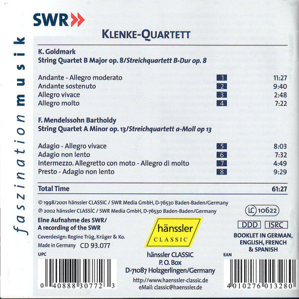 Karl Goldmark, Felix Mendelssohn-Bartholdy, Klenke Quartett : String Quartet B Major Op. 8 / String Quartet A Minor Op. 13 (CD)
