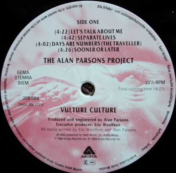 The Alan Parsons Project : Vulture Culture (LP, Album, RE)