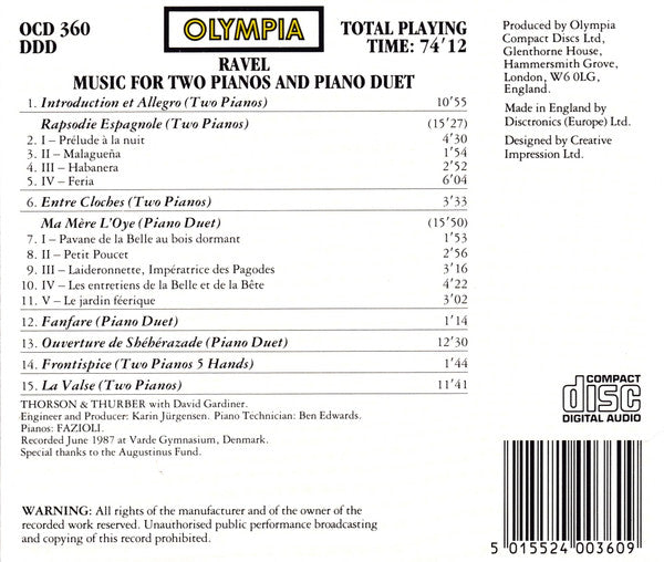 Maurice Ravel - Thorson & Thurber : Music For Two Pianos And Piano Duet (CD)