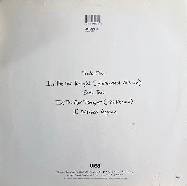Phil Collins : In The Air Tonight (88' Remix) And (Extended Version) (12", Maxi, Tel)