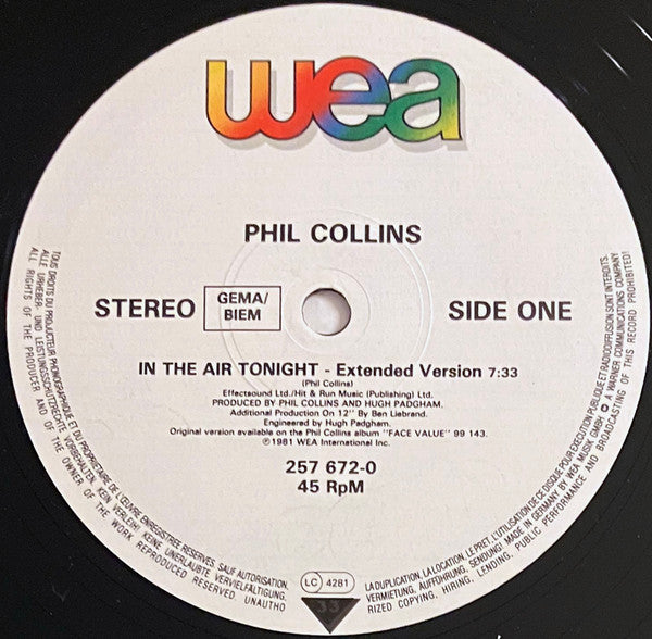 Phil Collins : In The Air Tonight (88' Remix) And (Extended Version) (12", Maxi, Tel)