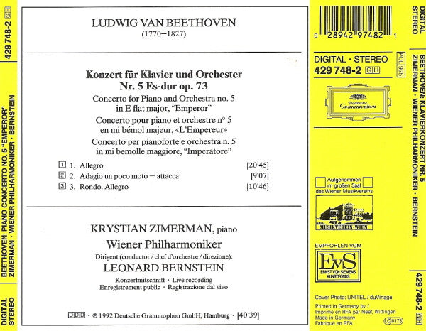 Ludwig van Beethoven, Krystian Zimerman, Wiener Philharmoniker, Leonard Bernstein : Klavierkonzert No. 5 »Emperor« Concerto (CD, Album)