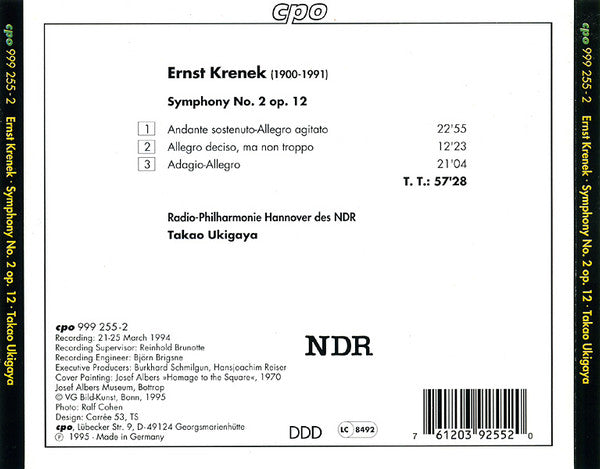 Ernst Krenek - Radio-Philharmonie Hannover Des NDR, Takao Ukigaya : Symphony No 2 (CD, Album)