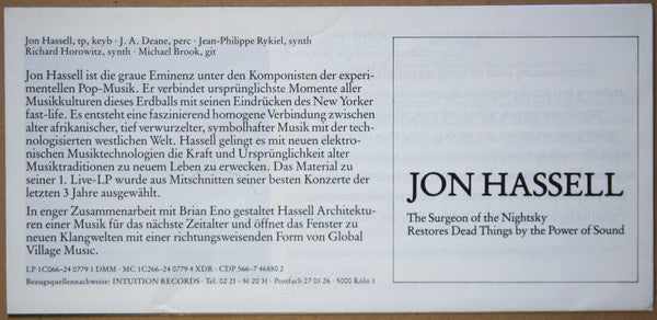 Jon Hassell : The Surgeon Of The Nightsky Restores Dead Things By The Power Of Sound (LP, Album)