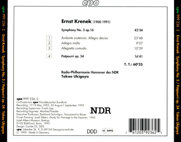 Ernst Krenek - Radio-Philharmonie Hannover Des NDR, Takao Ukigaya : Symphony No 3 • Potpourri Op. 54 (CD, Album)